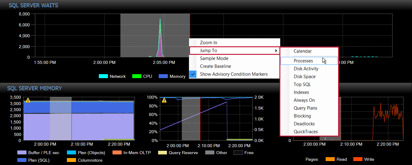 SQL Sentry "Jump To" Options