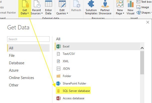 Select 'Get Data' to Connect to a SQL Server database