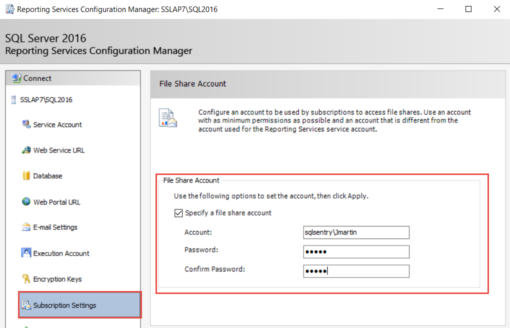 SSRS - 2016 File Share Account