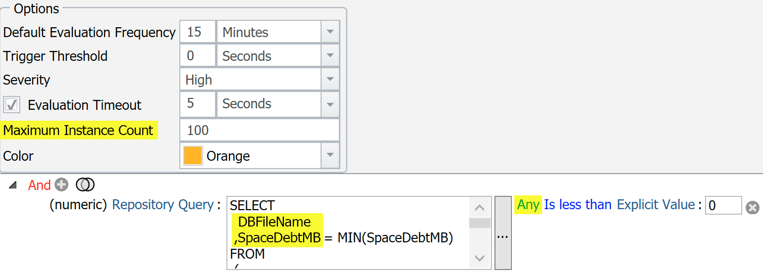 Highlighted:  Maximum Instance Count, Two-Column Select, and Any