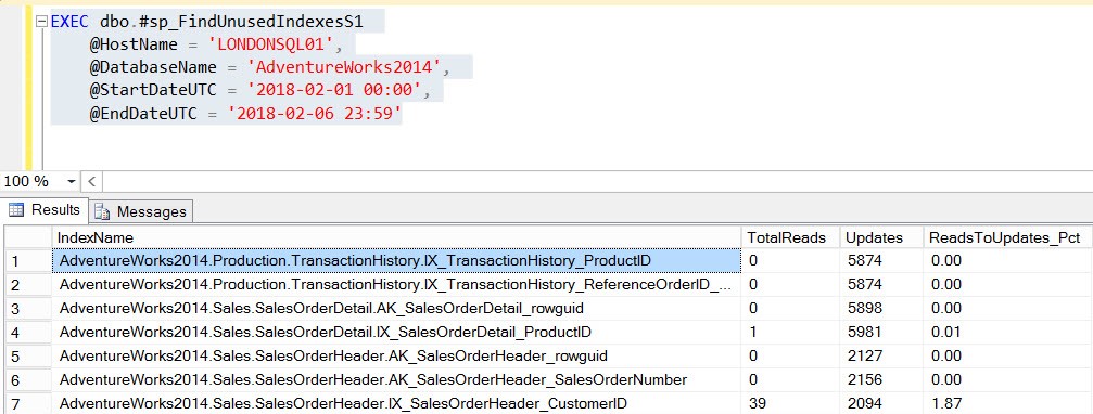 Executing sp_FindUnusedIndexesS1 with required parameters