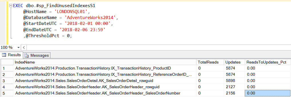 Executing sp_FindUnusedIndexesS1 with optional @ThresholdPct parameter equal 0