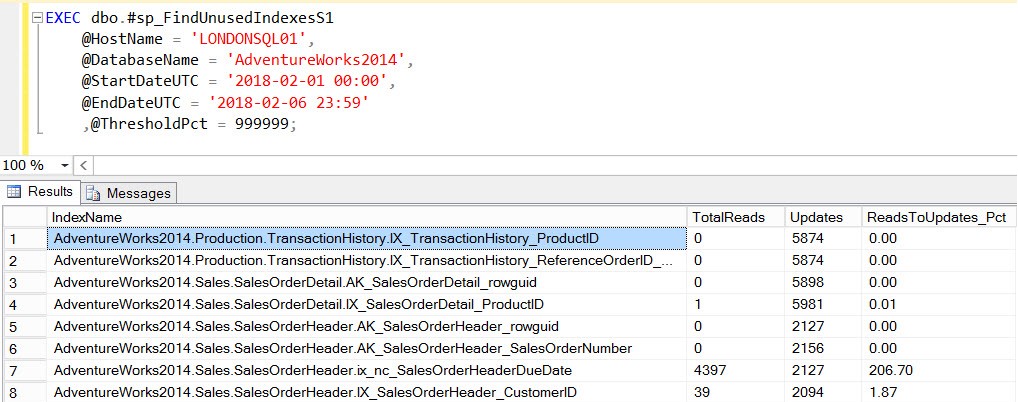 Executing sp_FindUnusedIndexesS1 with optional @ThresholdPct parameter equal 999999