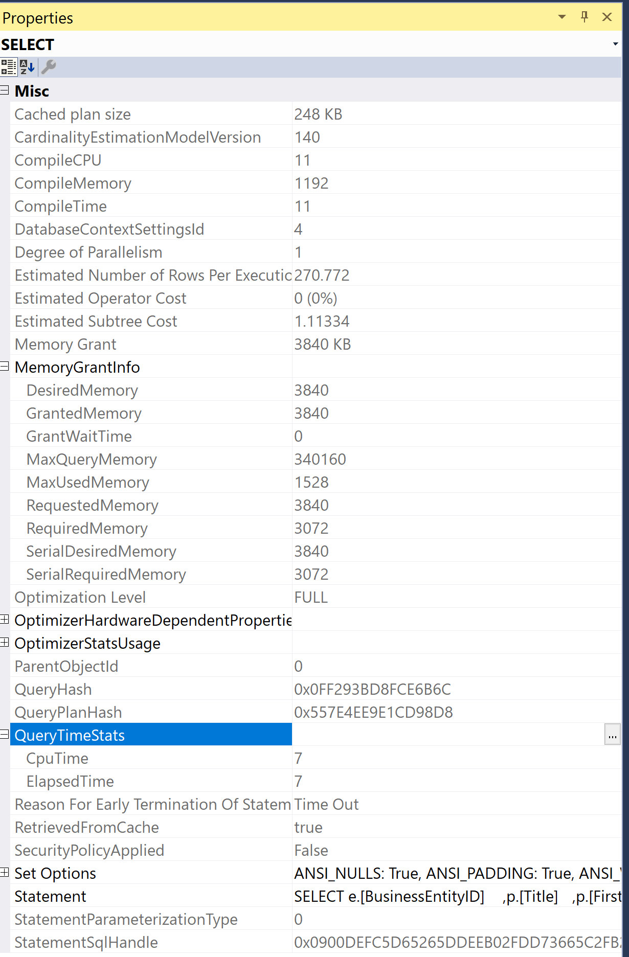 Figure 3: Properties in Plan Explorer
