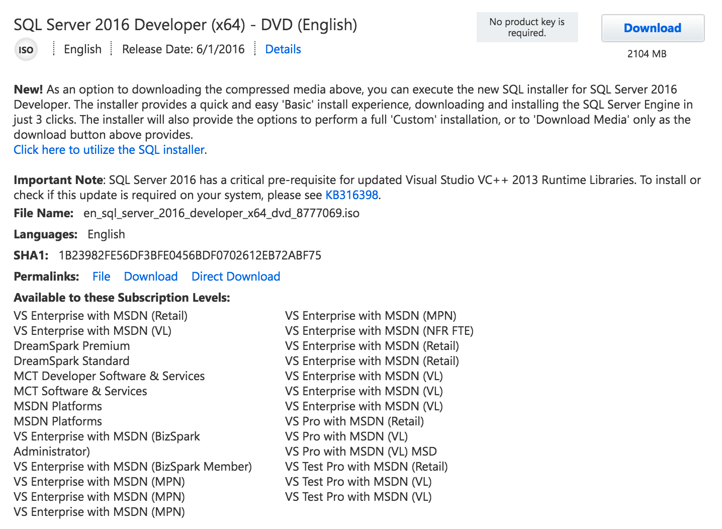MSDN Option for SQL Server 2016 Developer