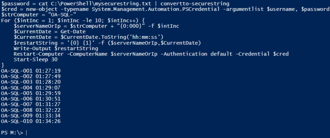 Windows PowerShell ISE showing Restart-Computer Loop