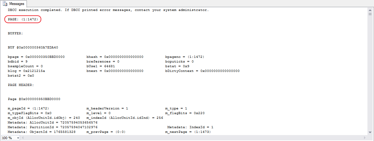 DBCC PAGE Example