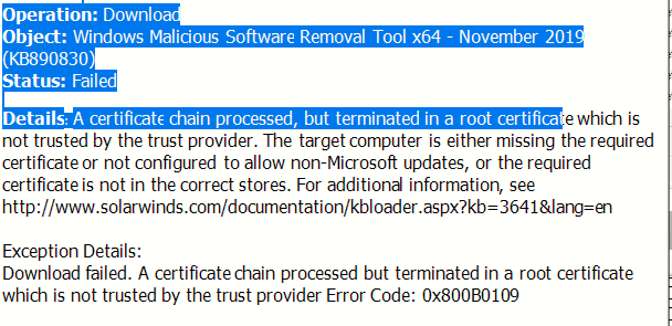 Error 0x800B0109 (A certificate chain processed but terminated in a ...