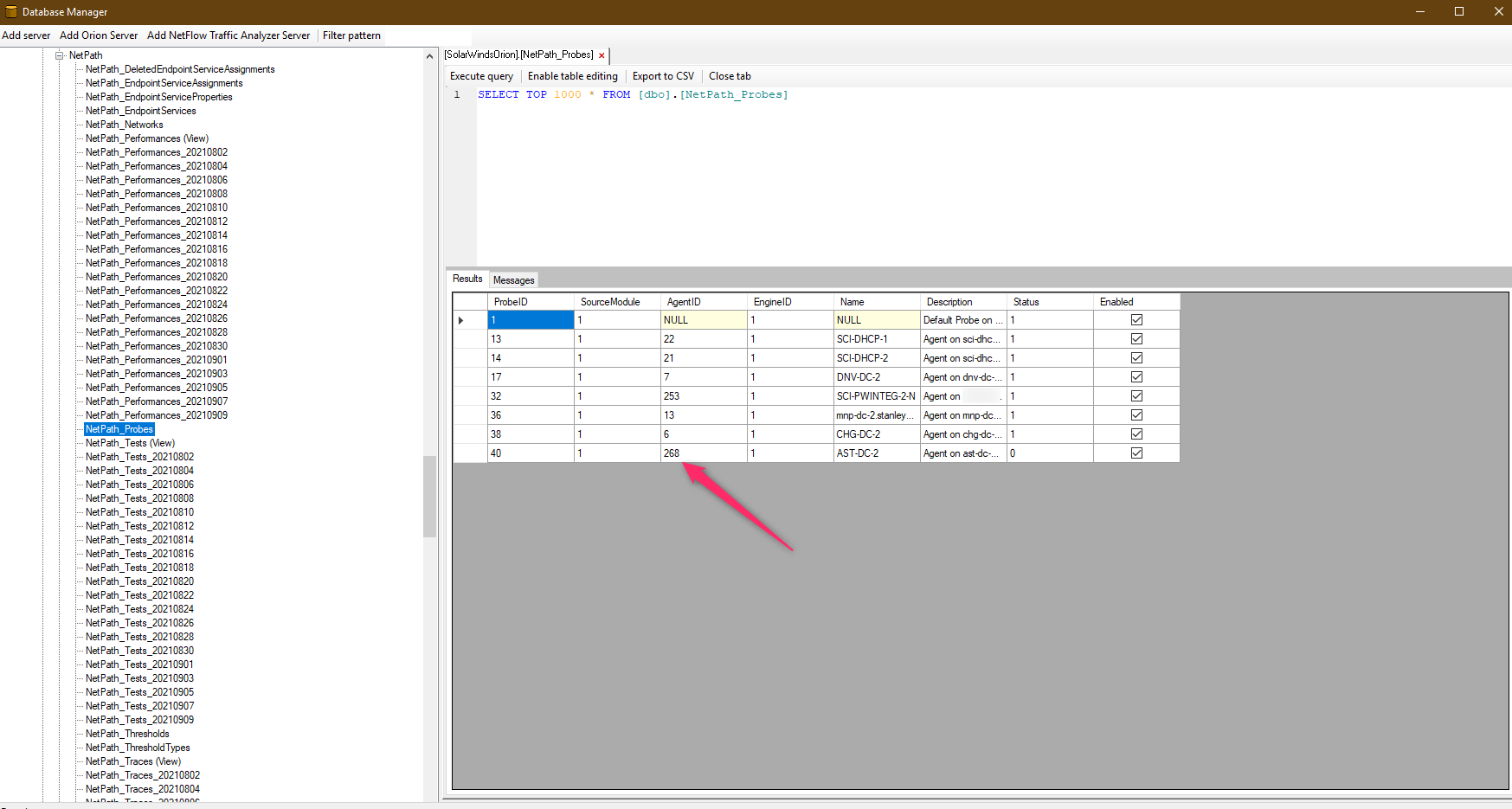 NetPath_Probes table query and results