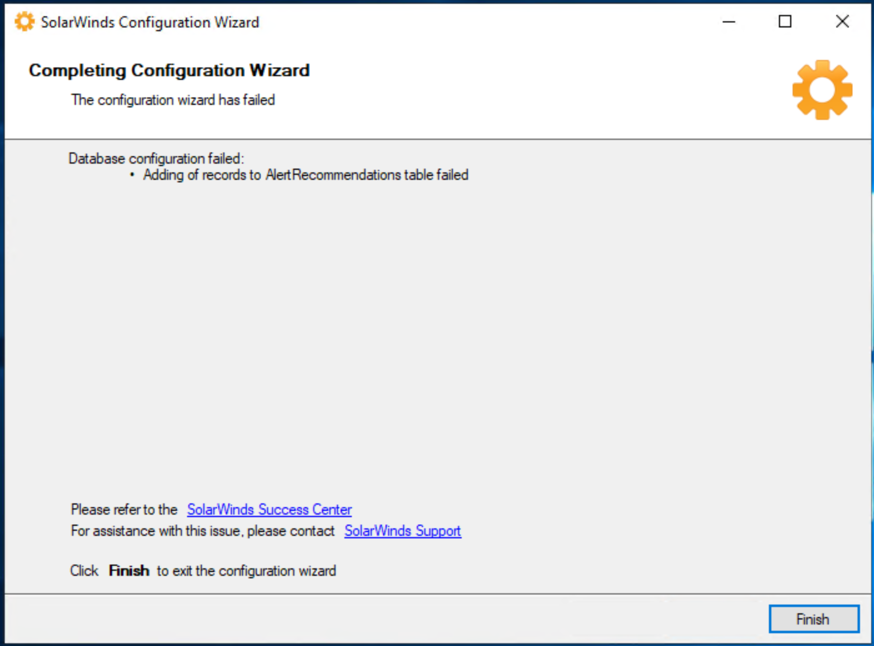 Database configuration failed Adding of records to AlertRecommendations ...