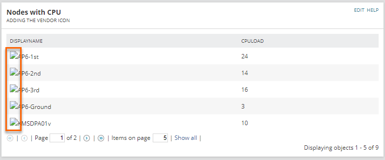 Output of Custom Query Widget with Vendor Icon (broken)