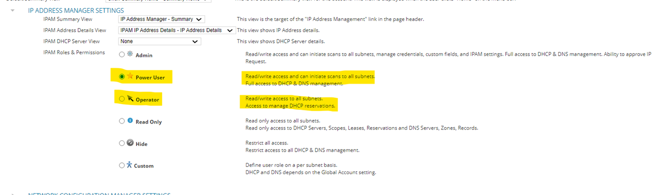 access levels present in IPAM