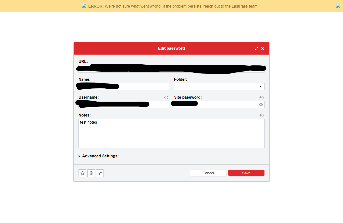 screenshot of lastpass showing error
