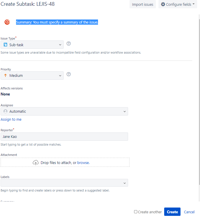 Create subtask - error message - summary.PNG Create subtask - error message - summary.PNG