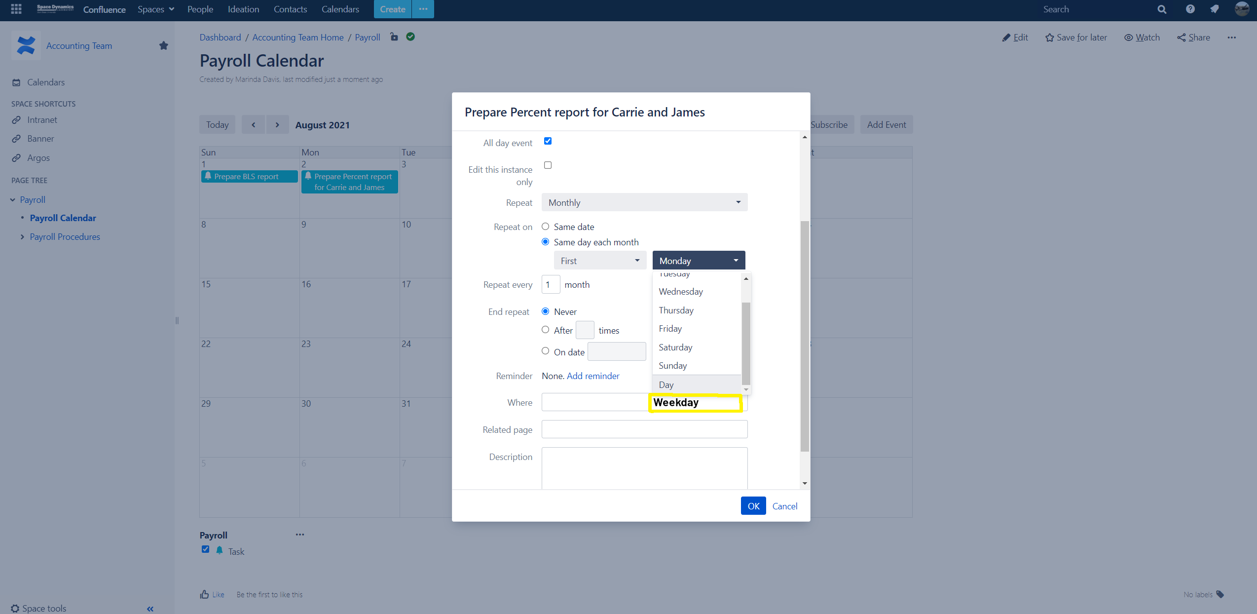 Weekday repeat option in Confluence.png Weekday repeat option in Confluence.png