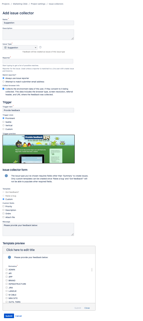 Configuration screen of the collector issue where we see that after selecting the _Suggestion_ issue type, the undesirable _Scope_ field is displayed.png Configuration screen of the collector issue where we see that after selecting the _Suggestion_ issue type, the undesirable _Scope_ field is displayed.png