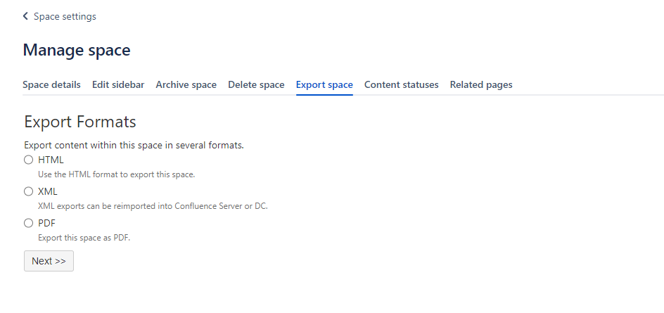 Confluence space export options.png Confluence space export options.png