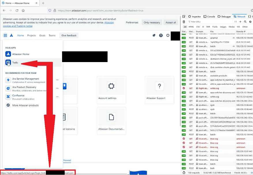 Atlassian Home - User Interface - App Switcher Menu - app URL includes user account email in clear text.png Atlassian Home - User Interface - App Switcher Menu - app URL includes user account email in clear text.png