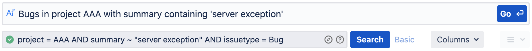 Bugs in project AAA with summary containing 'server exception'.png Bugs in project AAA with summary containing 'server exception'.png