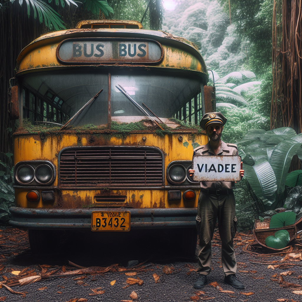 Ein heruntergekommener alter gelber Bus im Dschungel. Davor steht ein Busfahrer, der ein Schild mit der Aufschrift _viadee_ hochhält..png Ein heruntergekommener alter gelber Bus im Dschungel. Davor steht ein Busfahrer, der ein Schild mit der Aufschrift _viadee_ hochhält..png