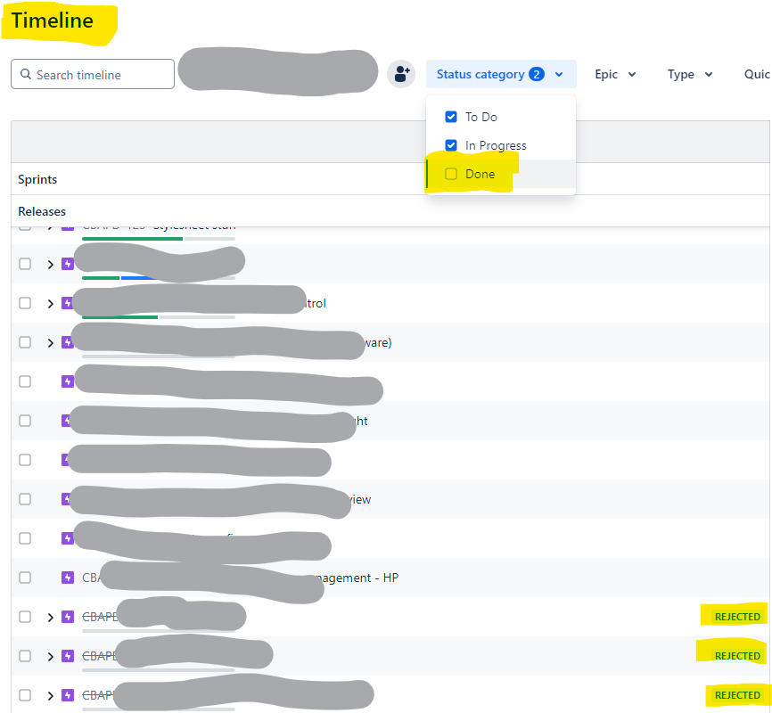 JIRA timeline shows rejected while excluding done.png JIRA timeline shows rejected while excluding done.png