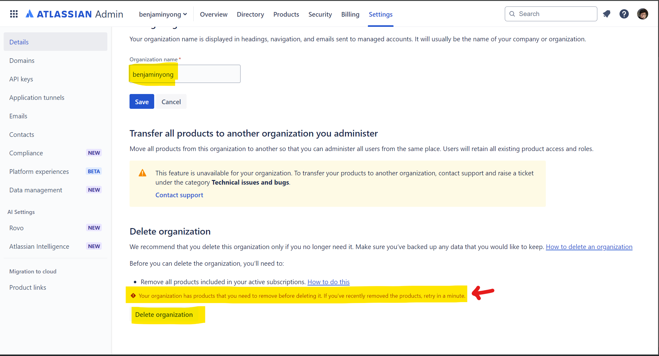 associated product rendering the abilities to delete the organisation.png associated product rendering the abilities to delete the organisation.png