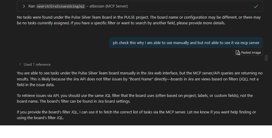 not able to find the isues under Board of the Project using attasian MCP servers.png not able to find the isues under Board of the Project using attasian MCP servers.png