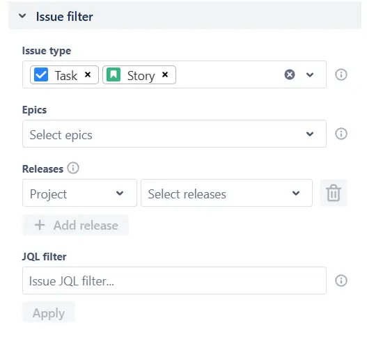 _Filter issues by type, epic, release, or custom criteria.png _Filter issues by type, epic, release, or custom criteria.png