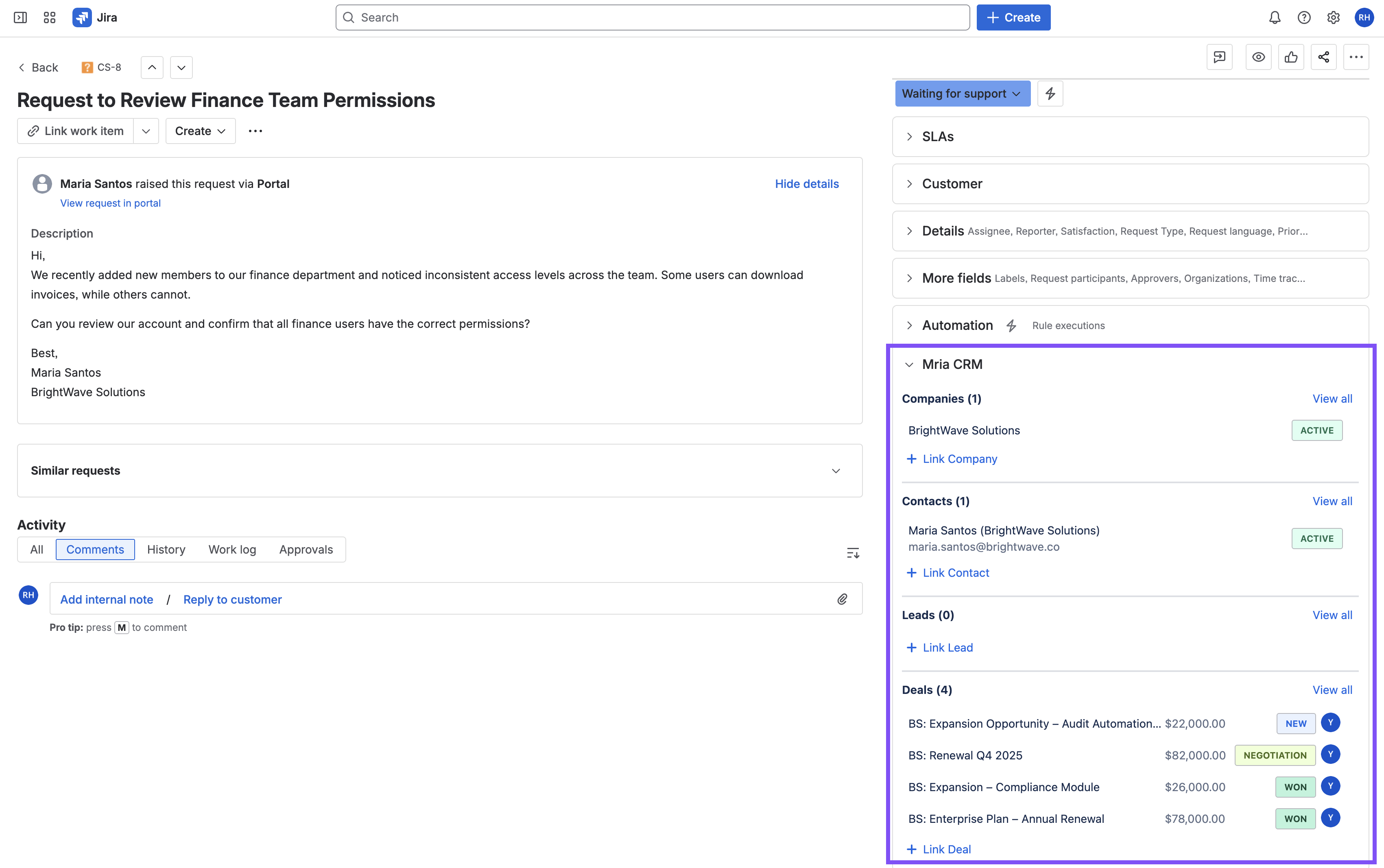 Customer support request showing Mria CRM context .png Customer support request showing Mria CRM context .png
