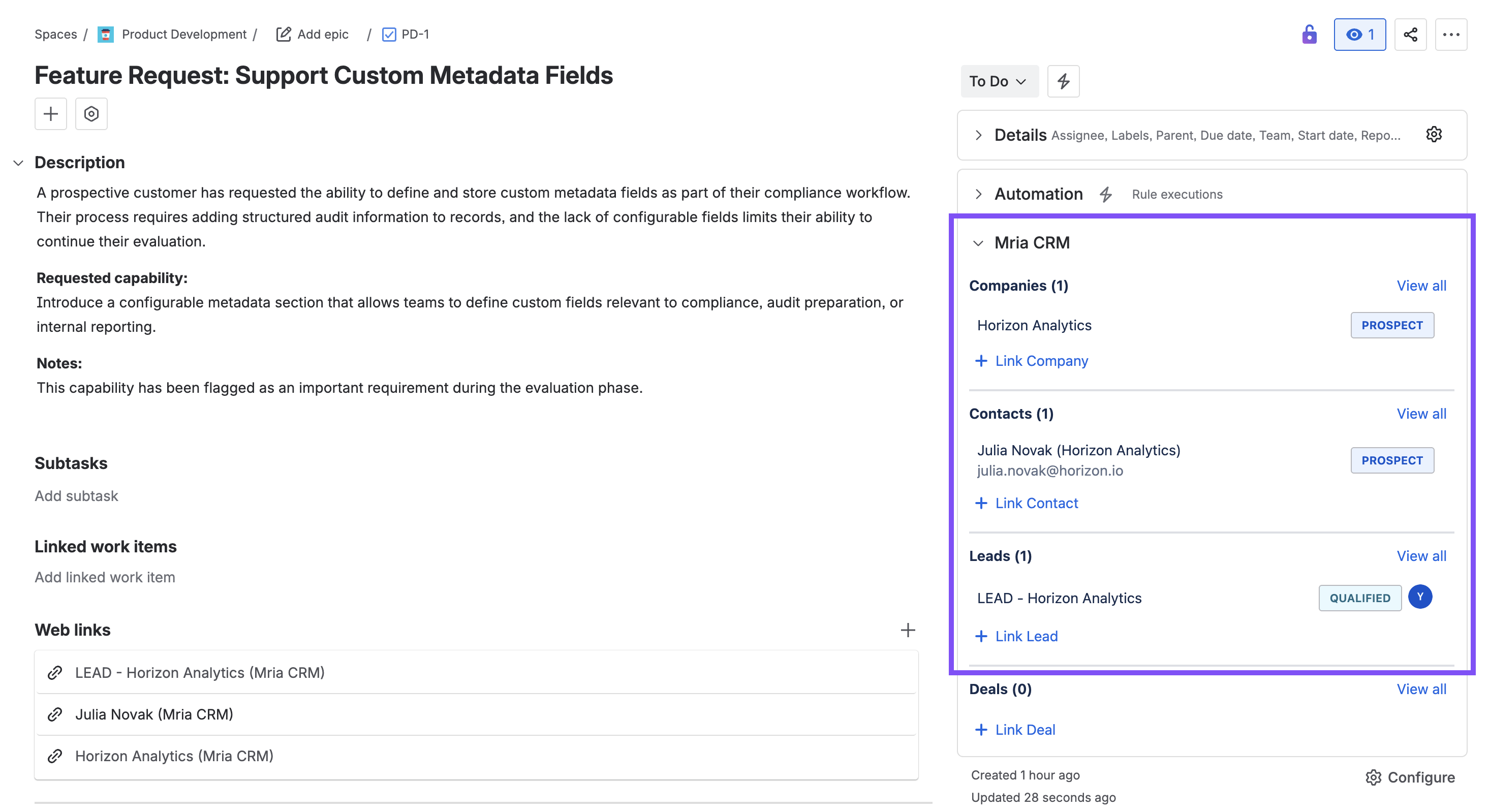 Jira issue displaying the Mria CRM sidebar.png Jira issue displaying the Mria CRM sidebar.png