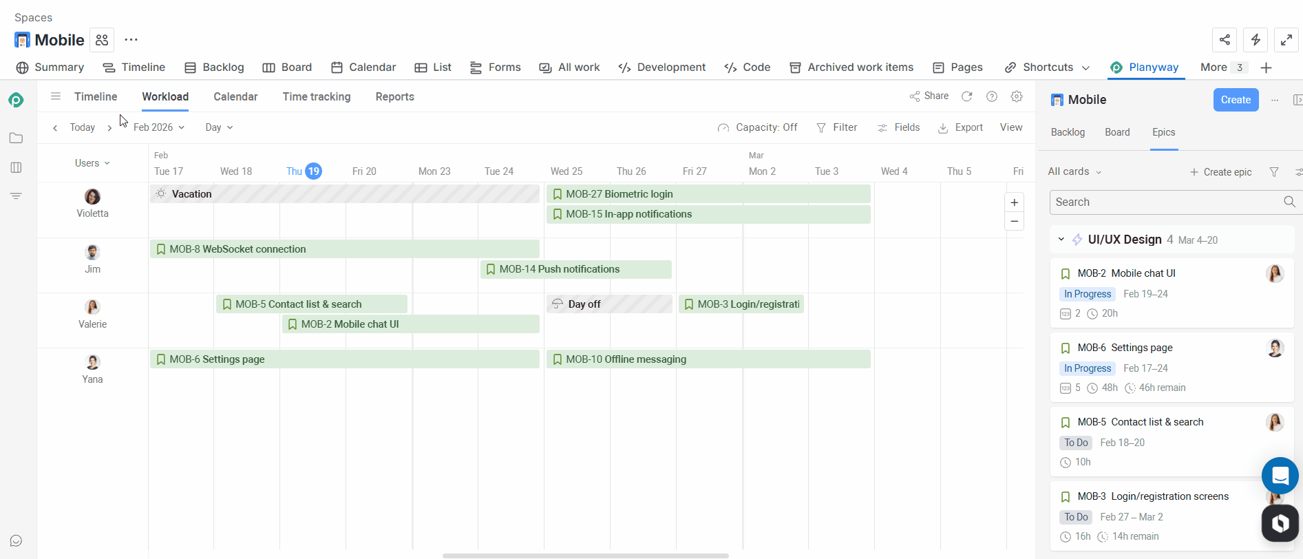 Jira sprint workload planning with Planyway—capacity bars per person showing overallocation in red and available capacity in blue.gif Jira sprint workload planning with Planyway—capacity bars per person showing overallocation in red and available capacity in blue.gif
