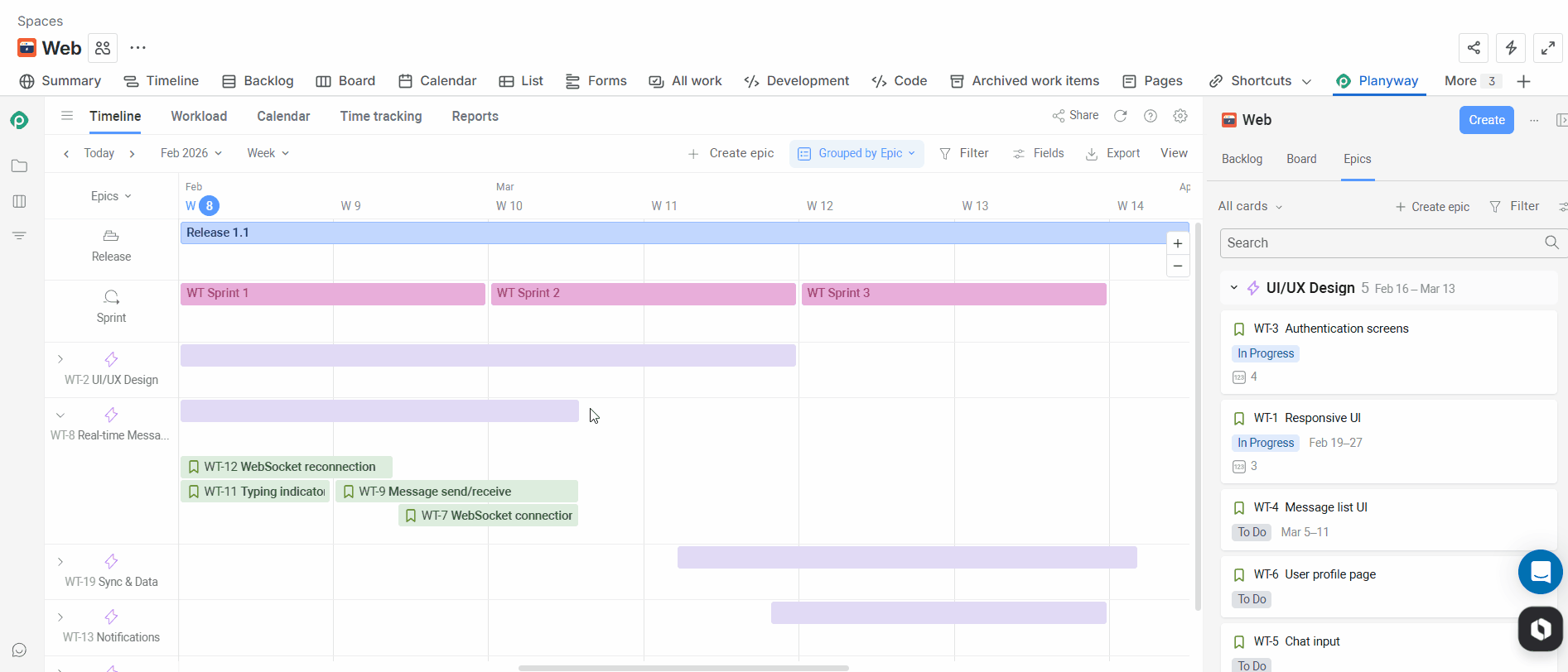 Planyway sprint roadmap with dependency visualization—epics grouped on left, sprints as bars, dependency arrows crossing sprint boundaries.gif Planyway sprint roadmap with dependency visualization—epics grouped on left, sprints as bars, dependency arrows crossing sprint boundaries.gif