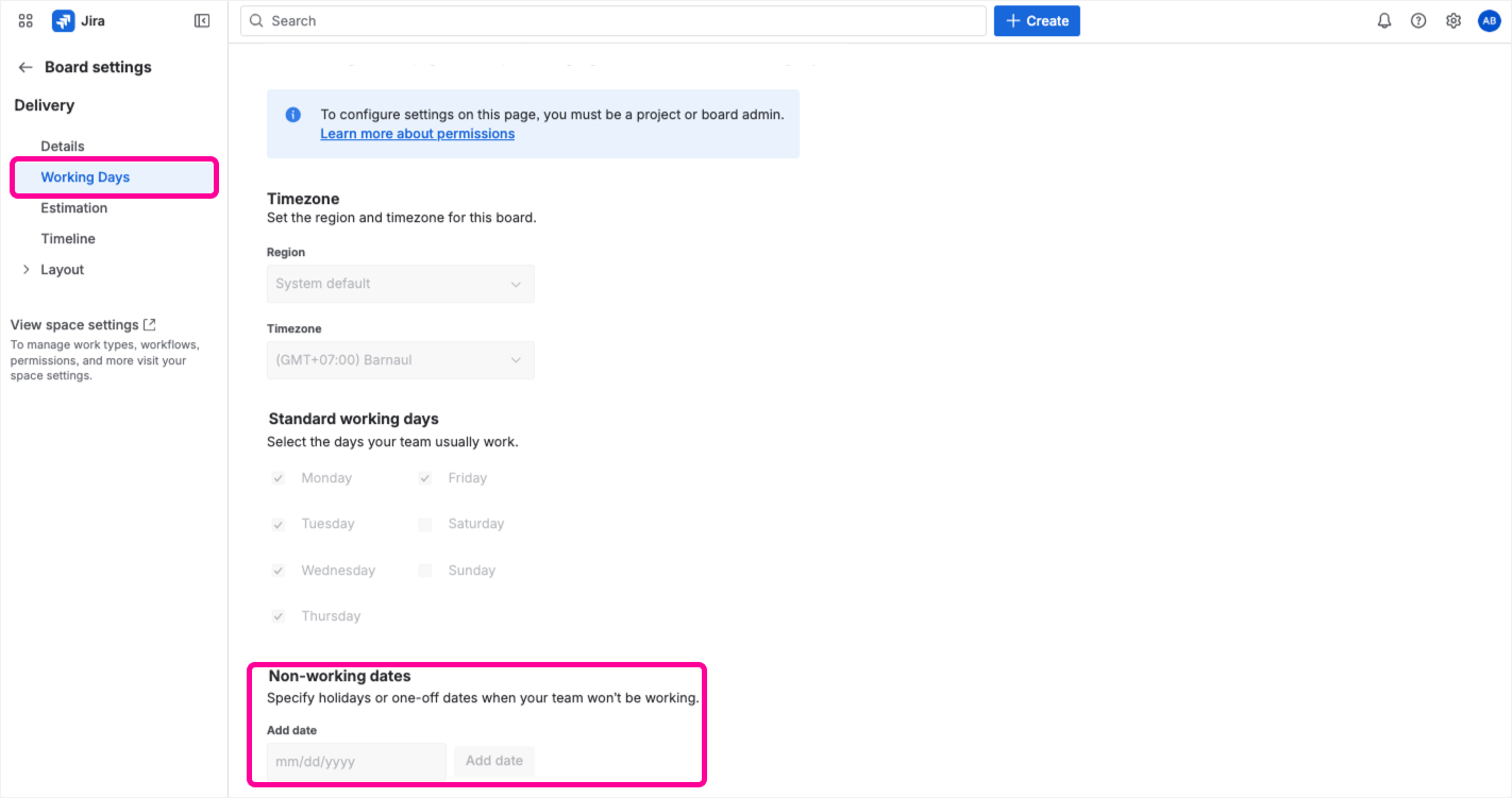 Jira board settings showing non-working days configuration.png Jira board settings showing non-working days configuration.png