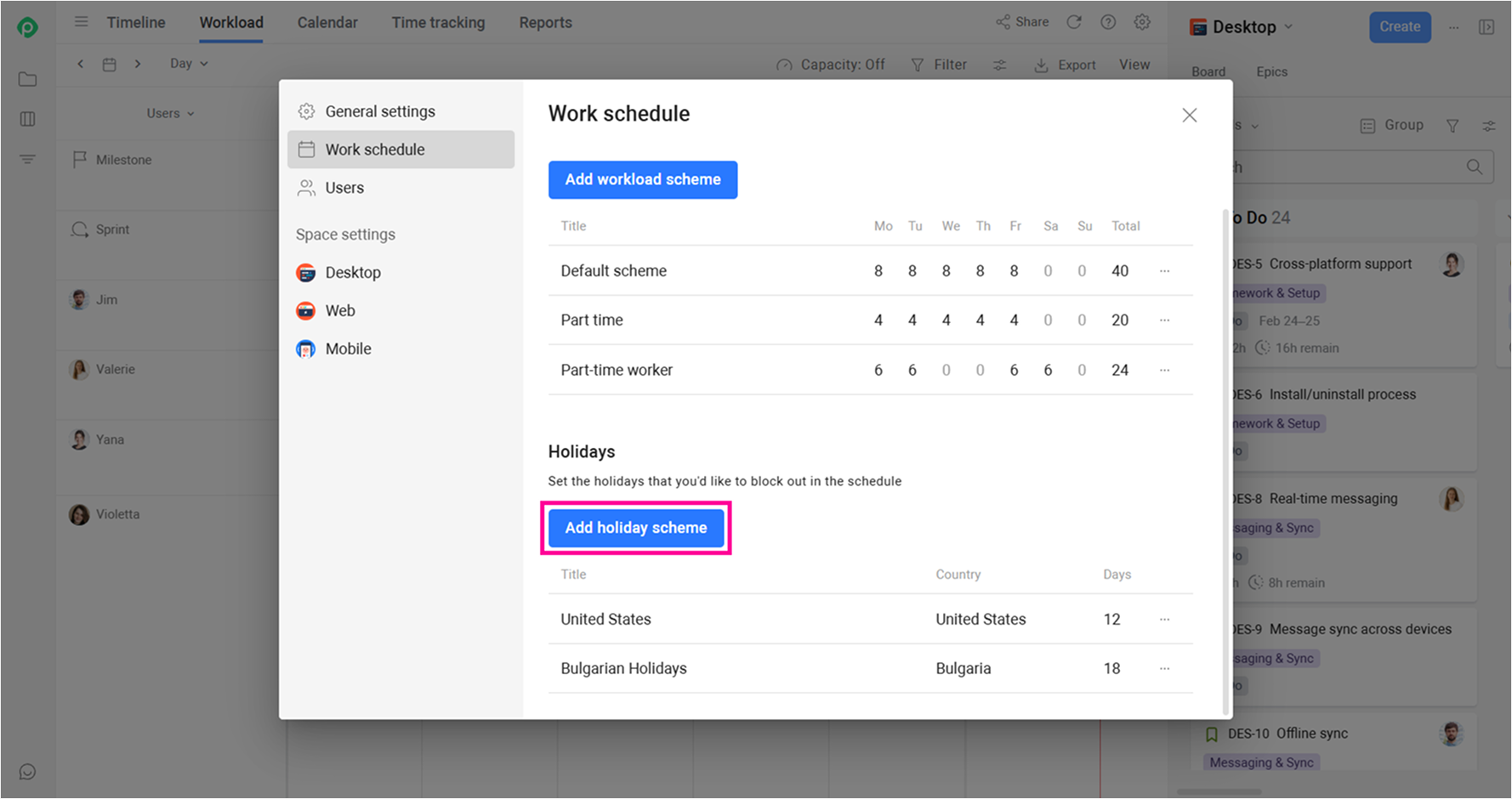 Planyway Workload Schemes settings with a country holiday calendar selected.png Planyway Workload Schemes settings with a country holiday calendar selected.png