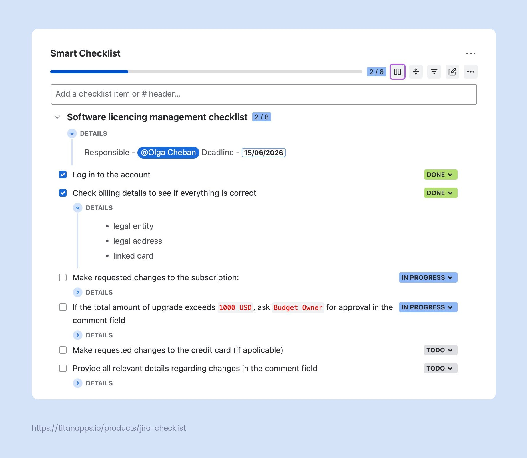 8-jira-issue-tracking-smart-checklist-software-licensing-management-example.png 8-jira-issue-tracking-smart-checklist-software-licensing-management-example.png