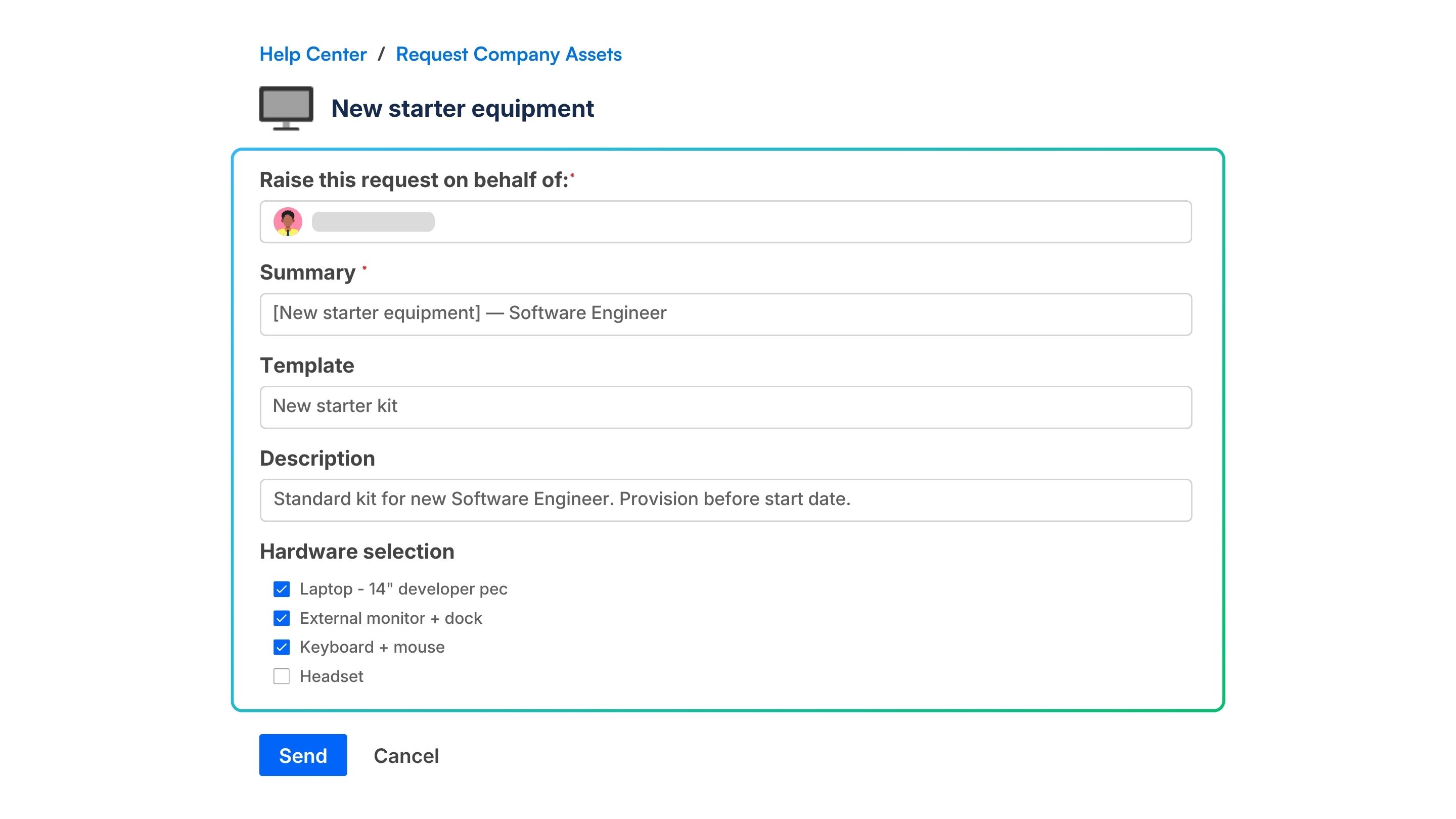 5. Standardized onboarding equipment request form on the JSM portal.jpg 5. Standardized onboarding equipment request form on the JSM portal.jpg