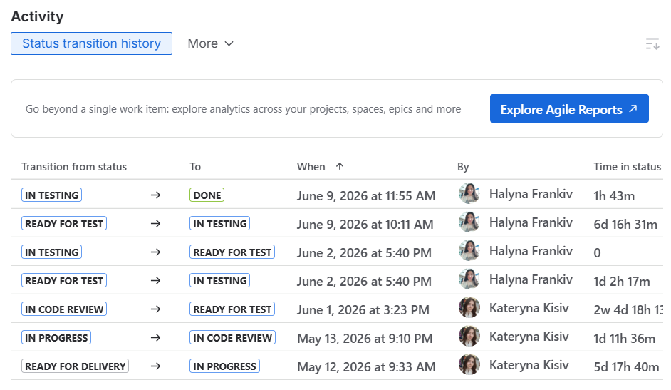 Status transition history table in the Jira issue.png Status transition history table in the Jira issue.png