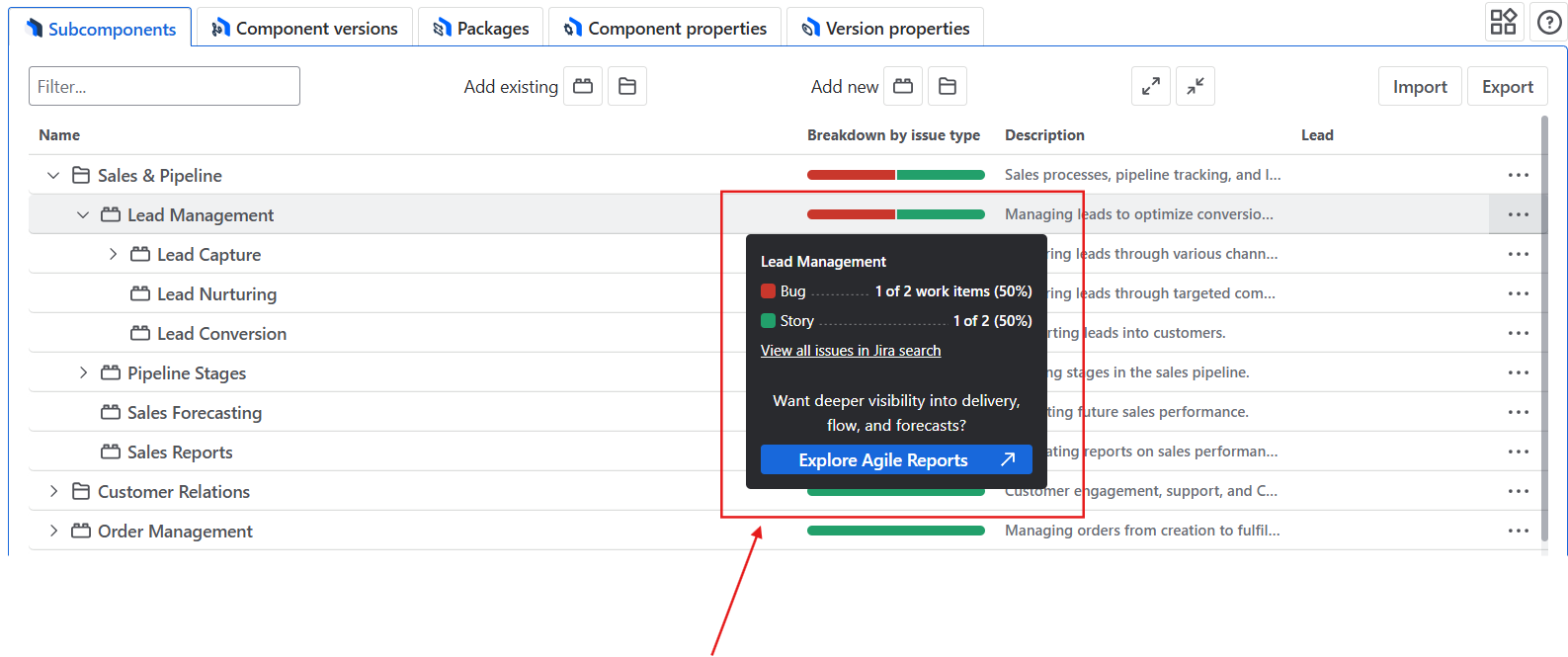 Subcomponents hierarchy with inline progress and breakdown bars and a tooltip with issue counts.png Subcomponents hierarchy with inline progress and breakdown bars and a tooltip with issue counts.png