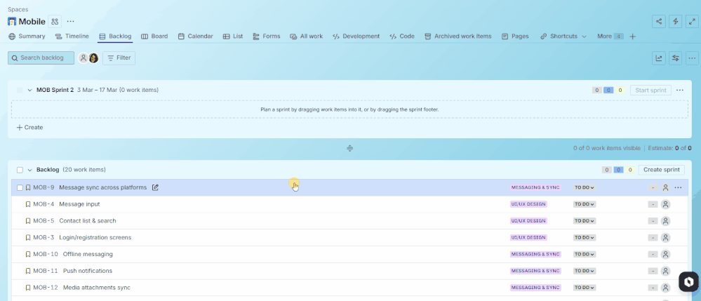 Jira sprint planning—dragging issues from backlog into sprint container with bulk select.gif Jira sprint planning—dragging issues from backlog into sprint container with bulk select.gif