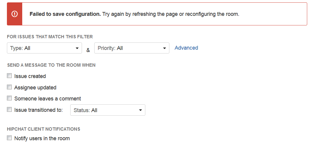 Failed to change JIRA notification to Hipchat rooms.PNG Failed to change JIRA notification to Hipchat rooms.PNG