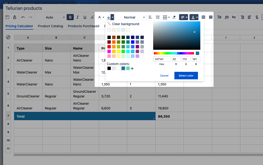 Elements Spreadsheet custom colors for tables in Confluence.png Elements Spreadsheet custom colors for tables in Confluence.png