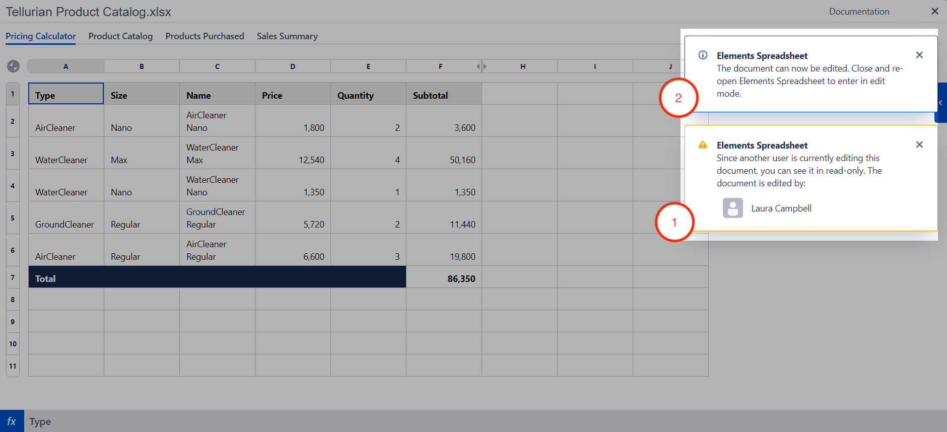 Elements Spreadsheet concurrent editing notifications.png Elements Spreadsheet concurrent editing notifications.png