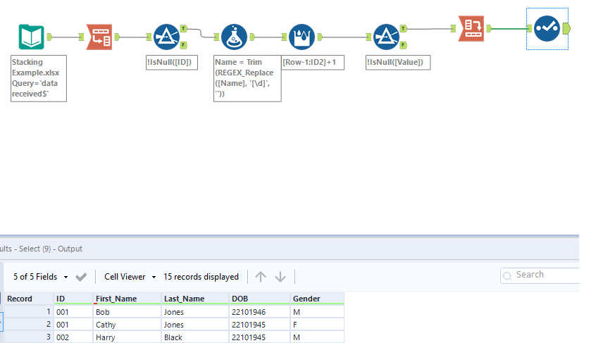 How to stack data within multiple columns - Alteryx