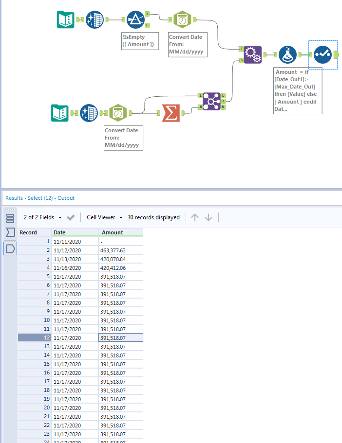 how to find last value in a column, and replace data - Alteryx