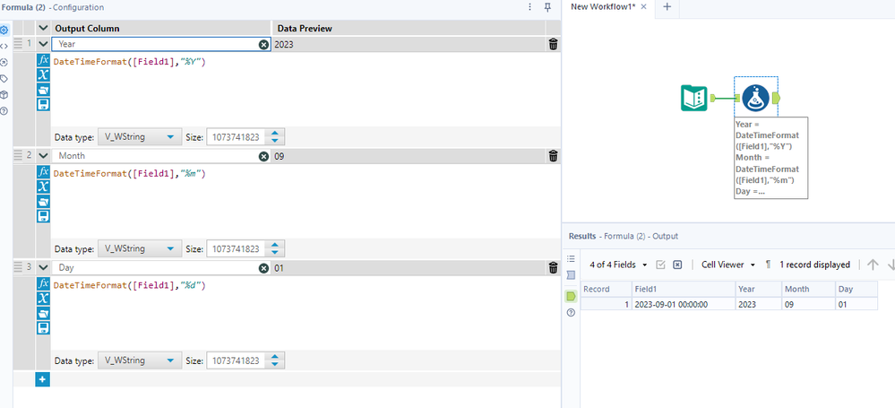 Extracting date, month (in numeric) , year in a separate column - Alteryx