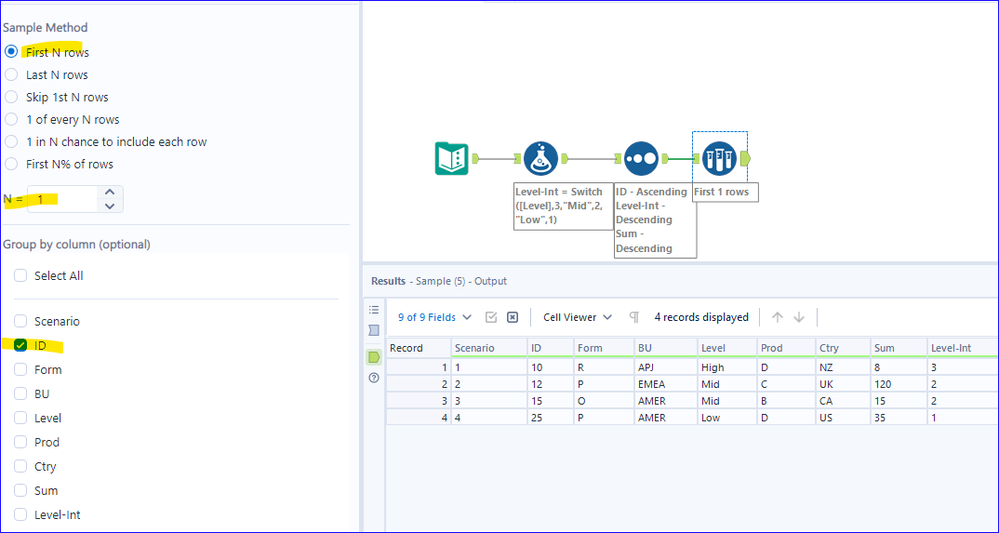 Select single row based on multiple field conditions - Alteryx