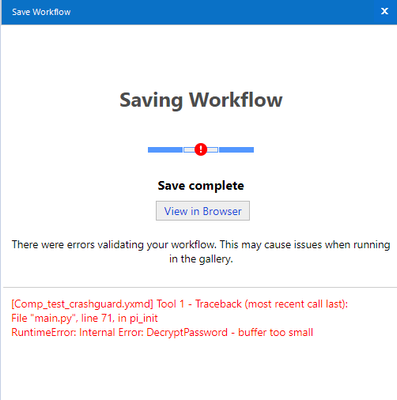 error while saving workflow in Gallery: RuntimeError: Internal Error ...