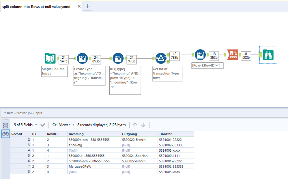 Split column into Rows at null value - Alteryx