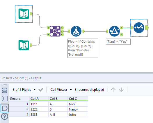 Join with multiple condition with equal and Contain Condition - Alteryx