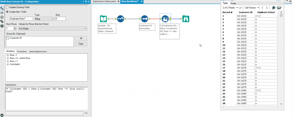 How to compare in one row showing double entries - Alteryx